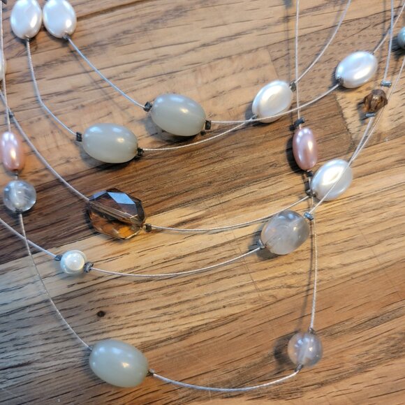 Beaded Necklace & Earring Set w Silver, White, and Amber Colors - Picture 6 of 13